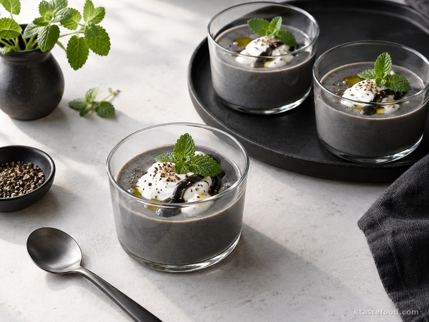 Black sesame pudding topped with whipped cream, olive oil, cracked pepper, and apple mint
