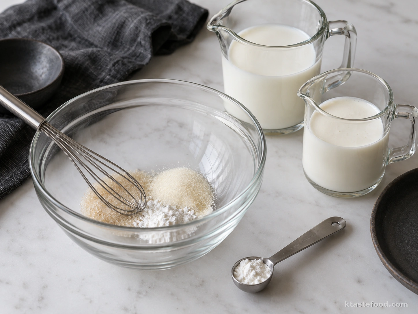 Cane sugar, instant gelatin, and cornstarch in a glass bowl beside milk and cream