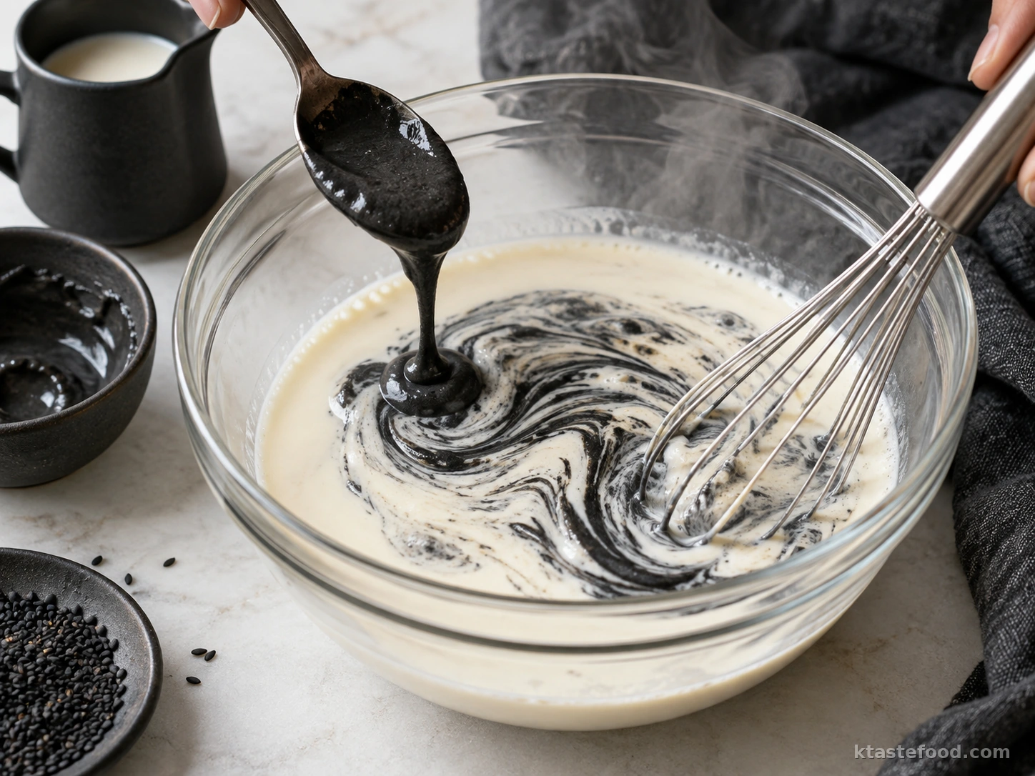 Black sesame paste being whisked into a warm milk and cream mixture