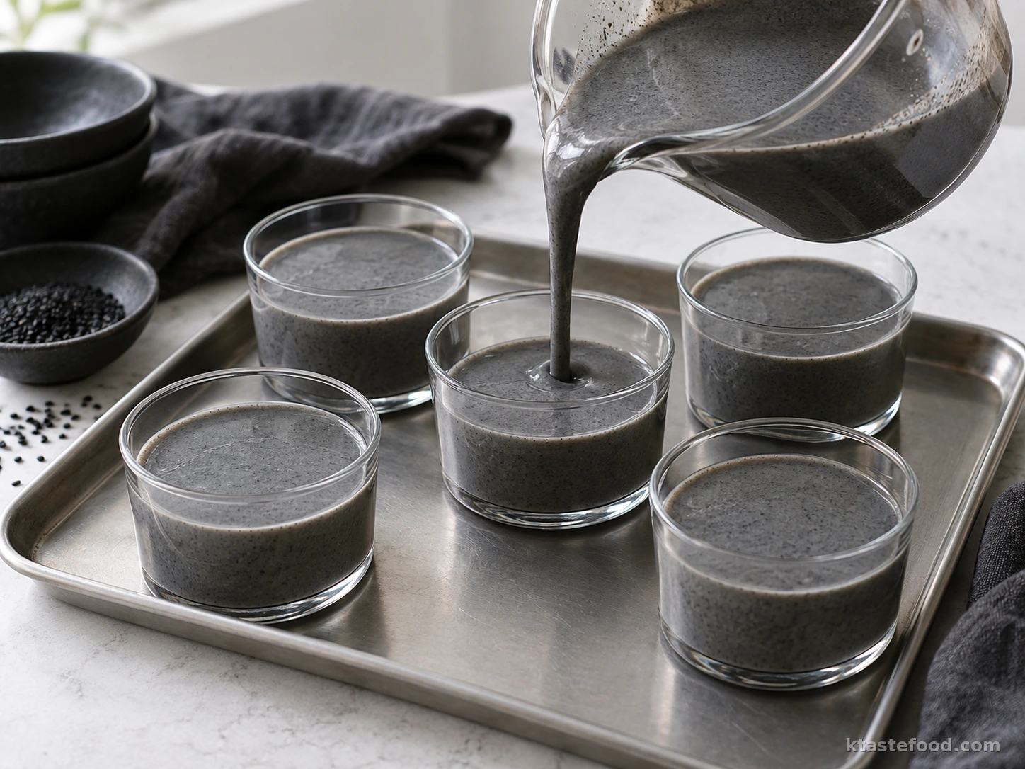 Smooth black sesame pudding mixture being poured into five clear dessert glasses
