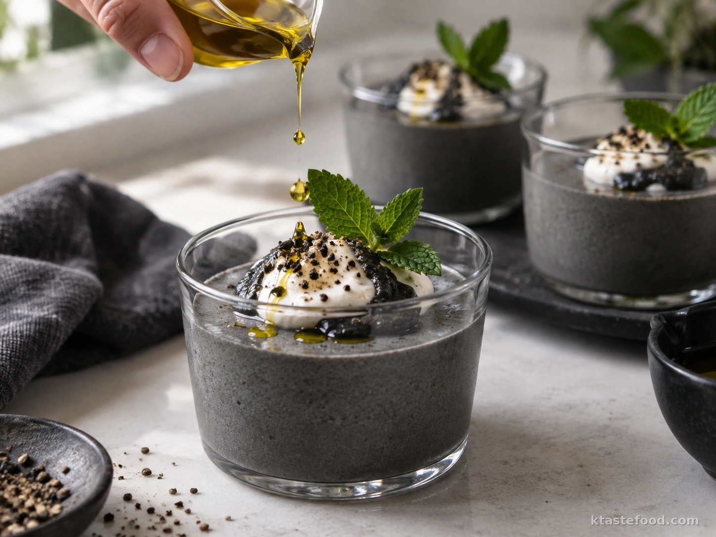 Black sesame pudding finished with olive oil, black pepper, whipped cream, and apple mint