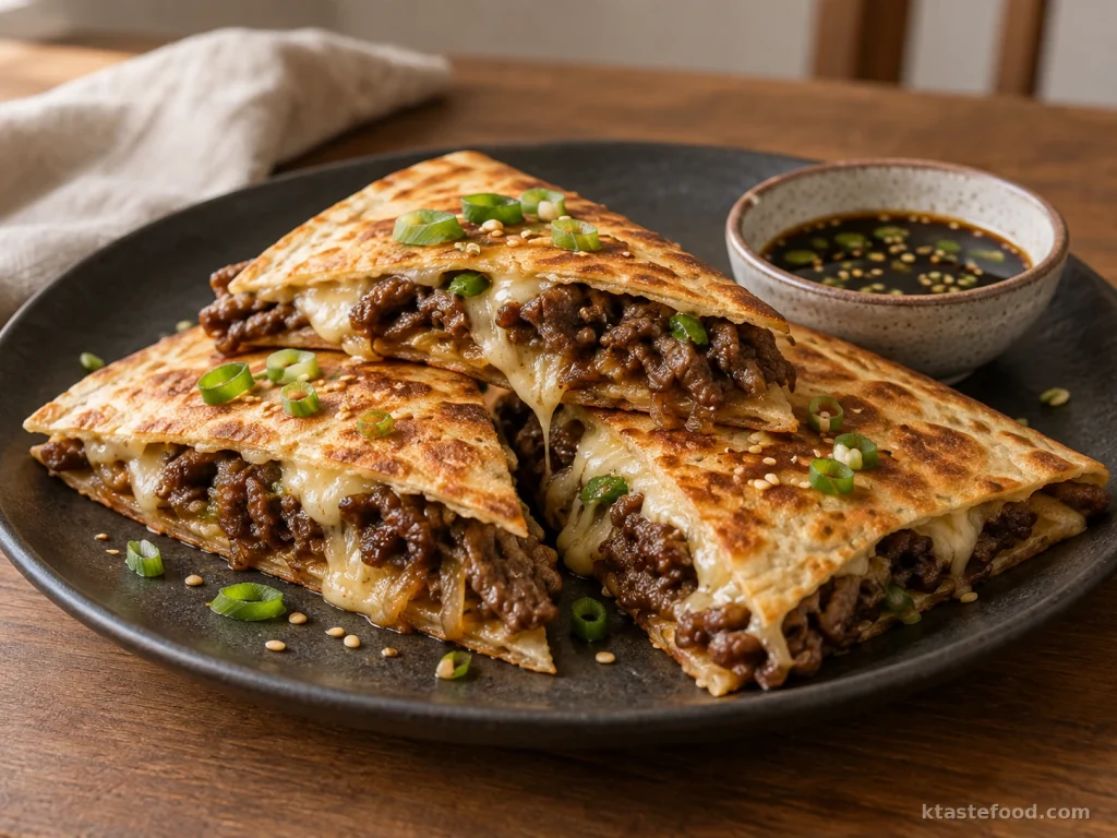 Crispy bulgogi quesadilla wedges filled with Korean beef and melted cheese