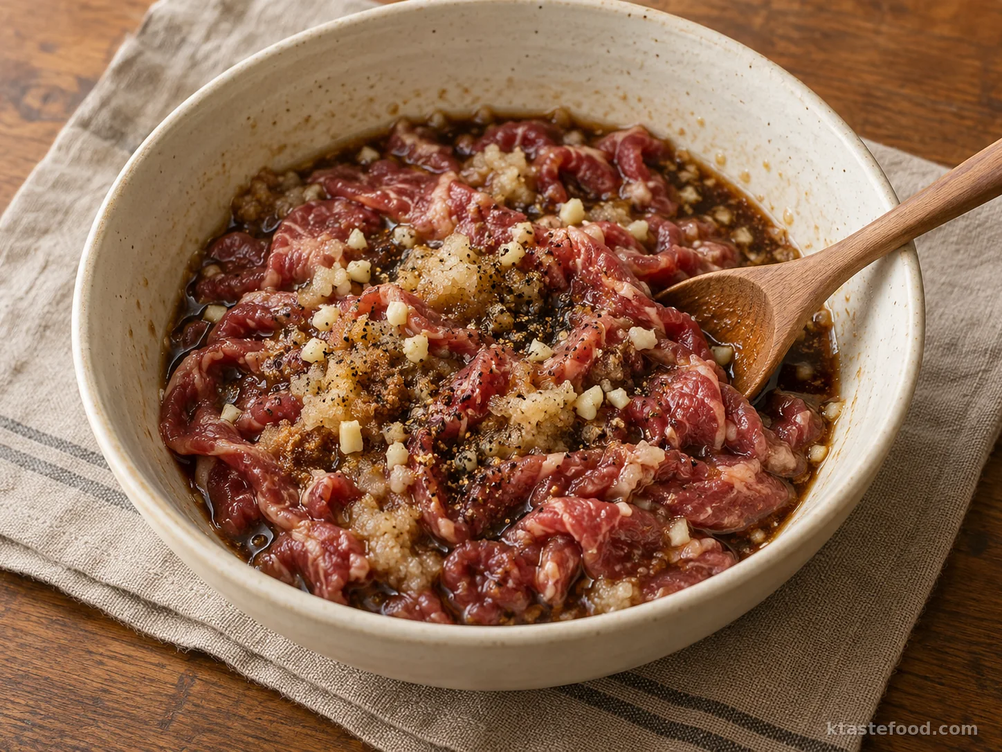 Thinly sliced beef marinating with soy sauce, Asian pear, garlic, and sesame oil