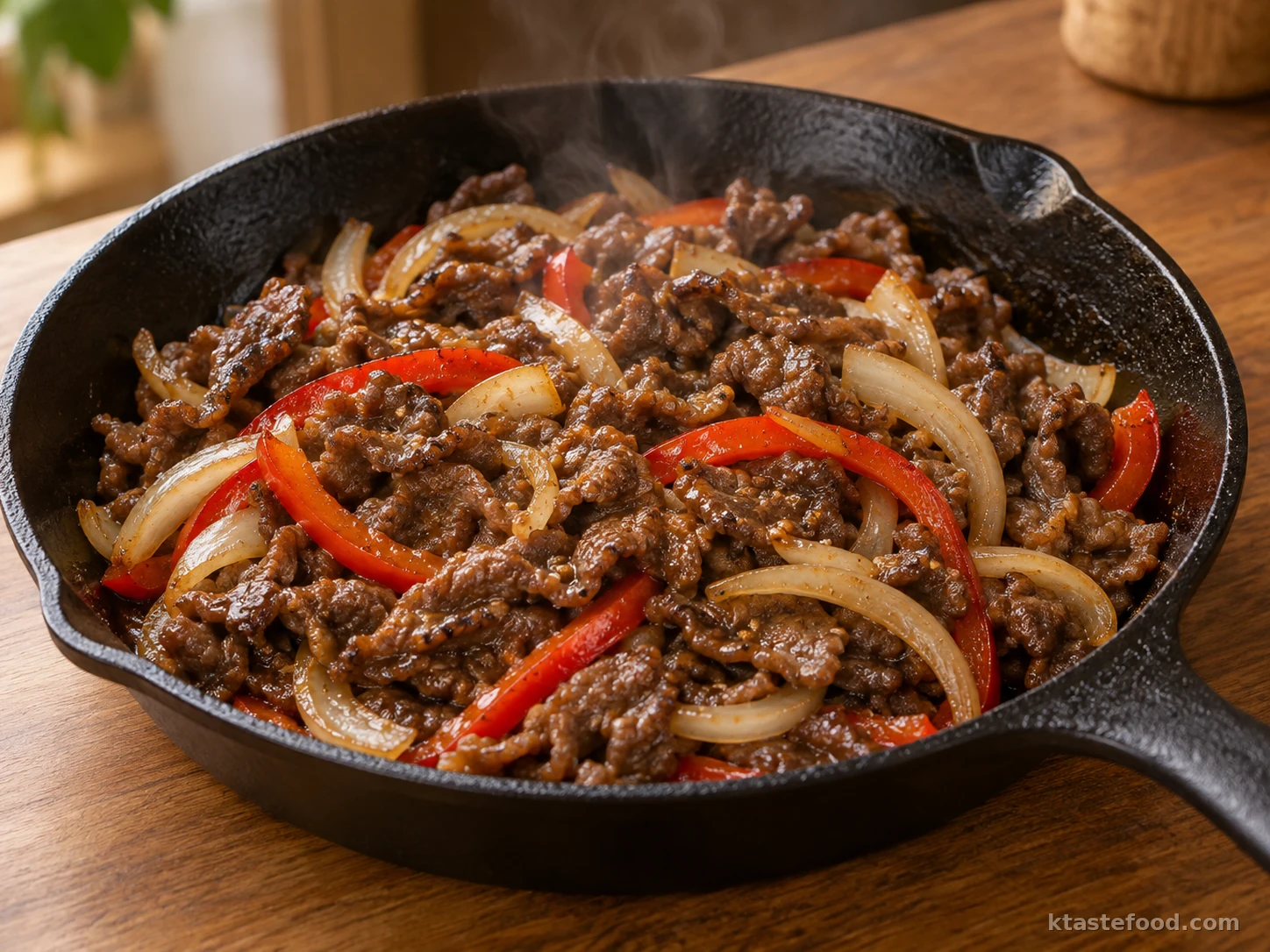 Bulgogi beef cooking with sliced onion and red bell pepper in a black skillet
