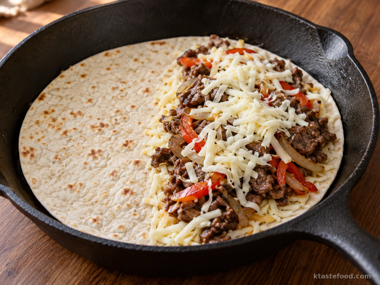 Flour tortilla layered with cheese and bulgogi filling in a cast-iron skillet
