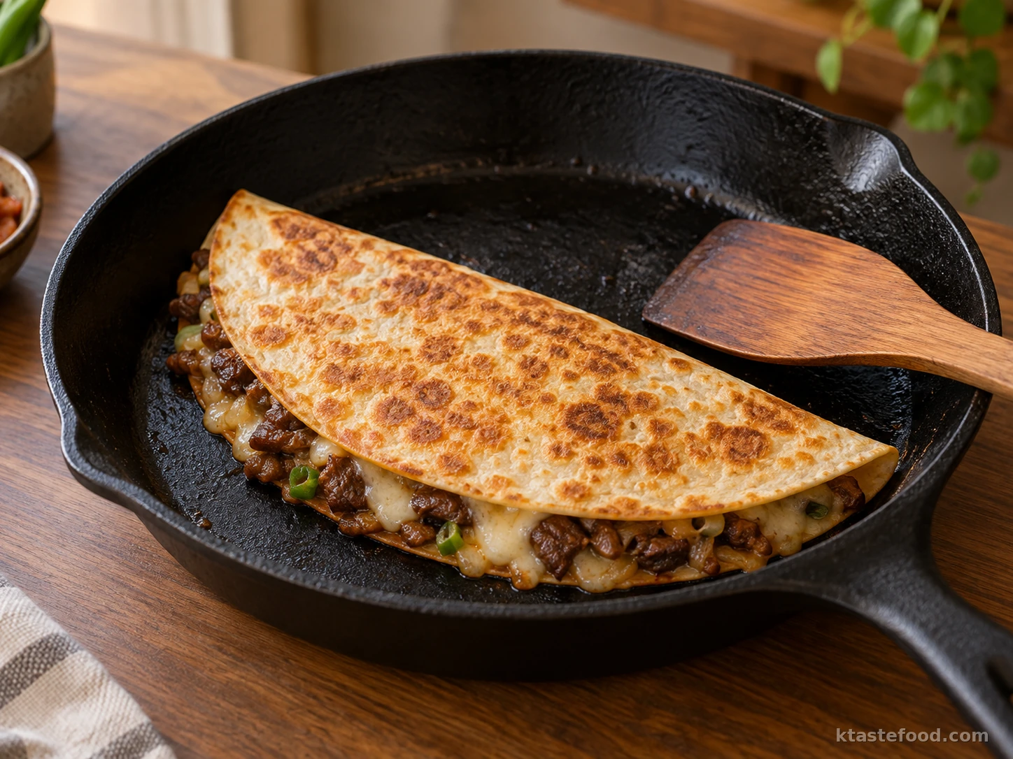 Folded bulgogi quesadilla toasting until golden in a black cast-iron skillet