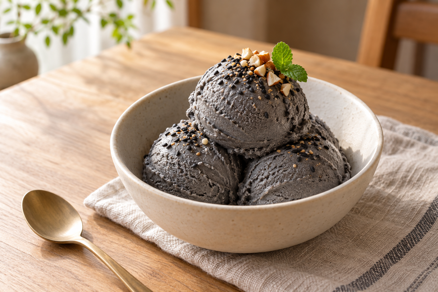 Korean black sesame ice cream with chopped toasted almonds and apple mint in an ivory bowl