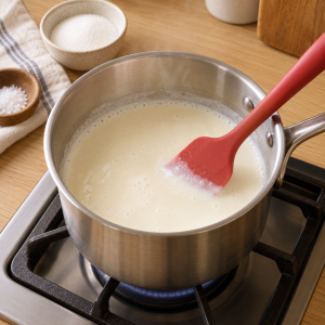 Milk, cream, sugar, and salt warming gently in a saucepan