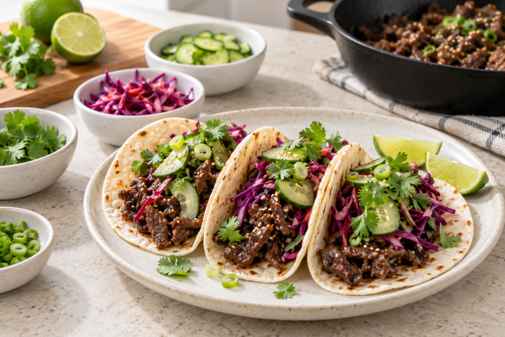 Korean bulgogi tacos with cucumber pickles, red cabbage slaw, cilantro, scallion, and lime