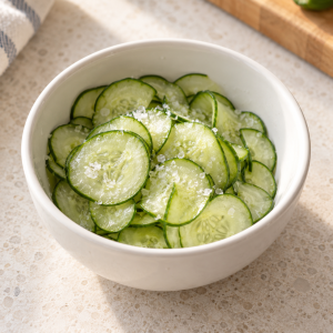 Thin cucumber rounds resting with salt in a white ceramic bowl
