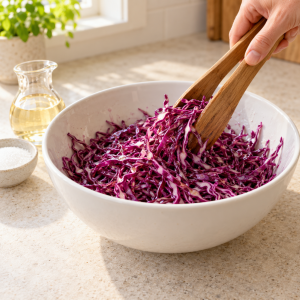 Red cabbage being tossed with rice vinegar in a white ceramic bowl