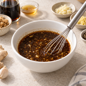 Reduced-soy bulgogi sauce with tuna extract being whisked