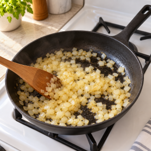 Diced onion softening in a black single-handle skillet