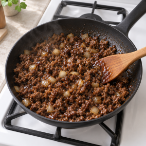 Ground beef glazed with bulgogi sauce in the same black single-handle skillet