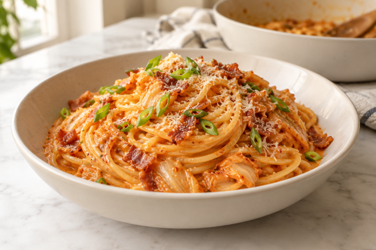 Creamy kimchi pasta with bacon, Parmesan, and sliced scallions