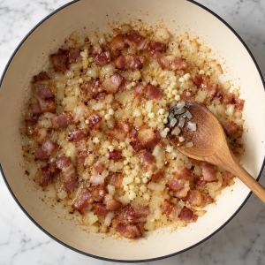 Bacon, onion, and garlic cooking in the same ivory skillet