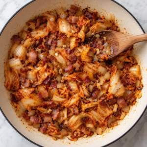 Chopped kimchi sautéing with bacon and onion in the same ivory skillet