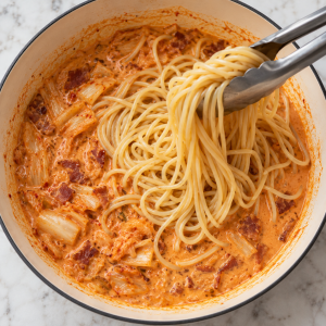 Cooked spaghetti added to creamy kimchi sauce in the same ivory skillet