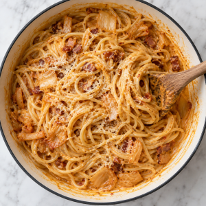 Spaghetti tossed with kimchi cream sauce and Parmesan in the same ivory skillet