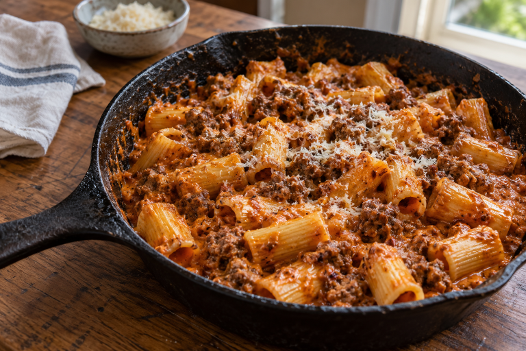 Creamy gochujang beef ragu rigatoni finished with Parmesan