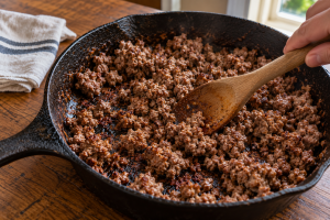 Ground beef browned in a worn cast-iron skillet