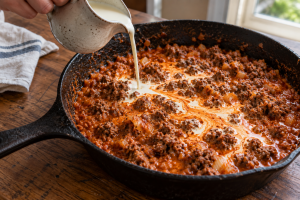 Milk and cream added to the reduced gochujang beef ragu