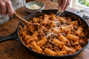 Rigatoni tossed with creamy beef ragu and Parmesan