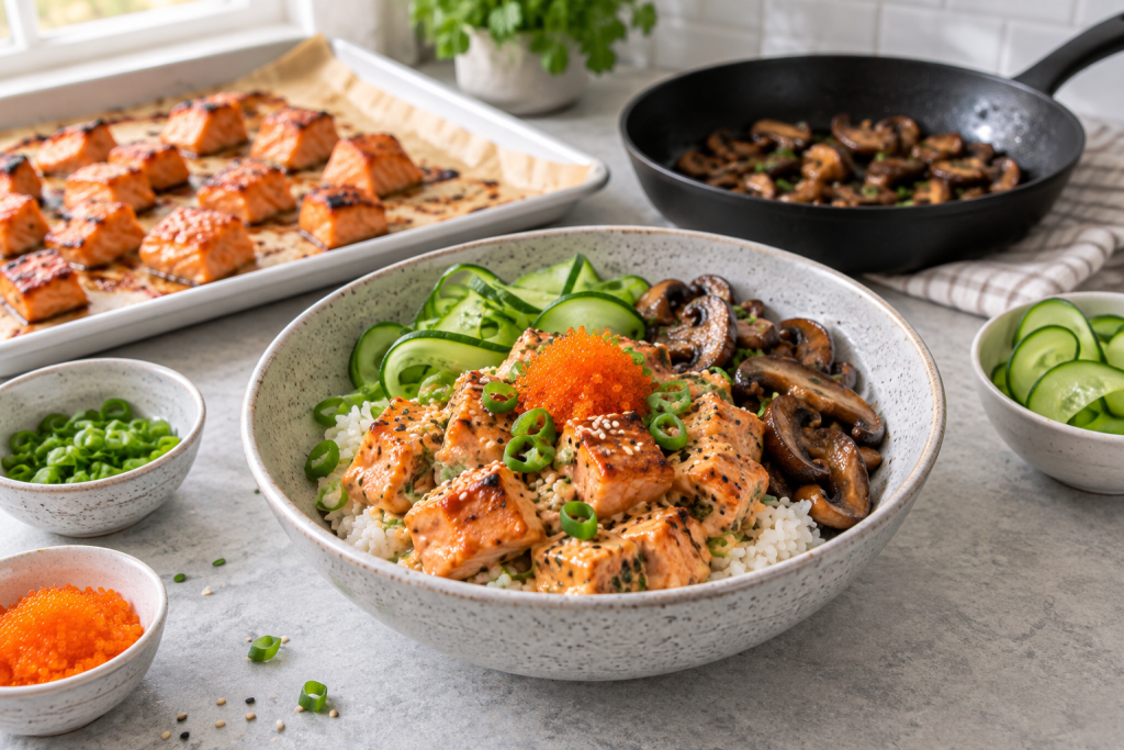 Creamy gochujang salmon rice bowl with tobiko, cucumber, and browned mushrooms