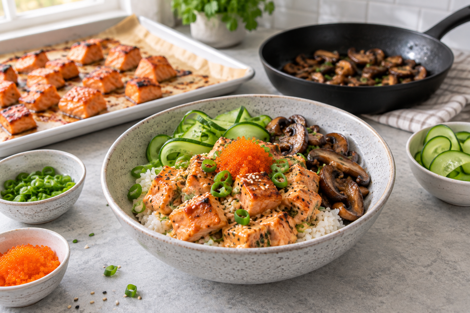 Creamy gochujang salmon rice bowl with tobiko, cucumber, and browned mushrooms