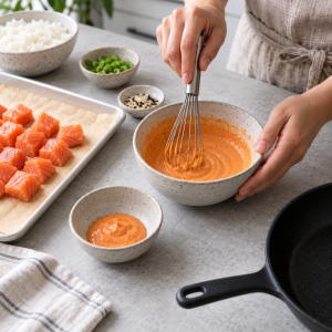 Creamy gochujang sauce divided before touching raw salmon