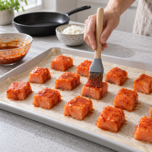Salmon cubes lightly coated with gochujang sauce on a parchment-lined tray