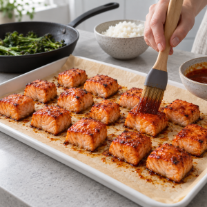 Roasted gochujang salmon cubes brushed with clean reserved sauce