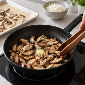 Shiitake and oyster mushrooms browning in a black single-handle skillet