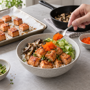 Tobiko being spooned over roasted salmon cubes after cooking