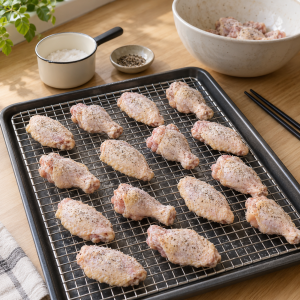 Raw chicken wings dried and seasoned on a wire rack