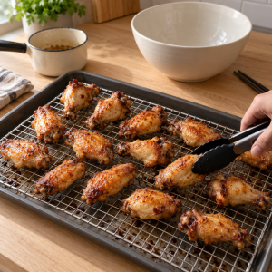 Crisp baked chicken wings on the same wire rack before saucing