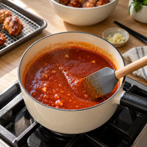 Honey gochujang ketchup sauce simmering in a cream saucepan