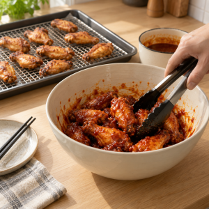 Crisp chicken wings being tossed briefly with gochujang sauce