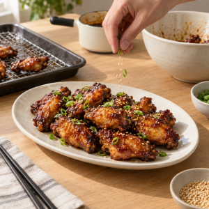 Finished honey gochujang wings garnished with sesame and scallion