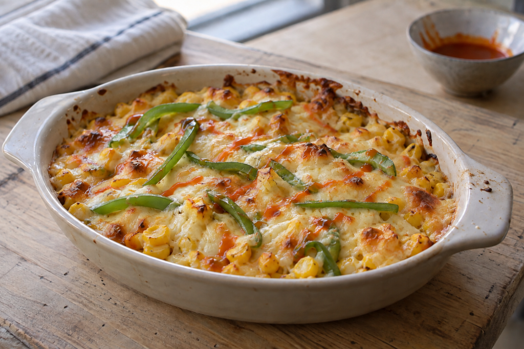 Home-style oven-baked Korean corn cheese with thin green bell pepper slices and a light hot sauce drizzle