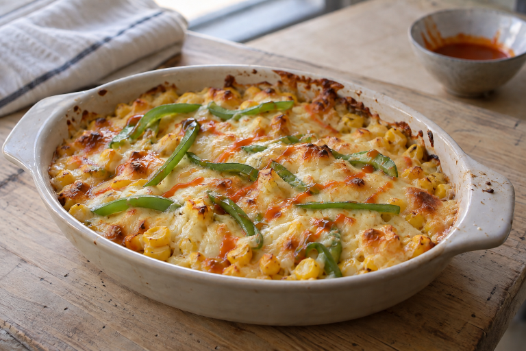 Home-style oven-baked Korean corn cheese with thin green bell pepper slices and a light hot sauce drizzle