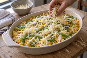 Mozzarella scattered by hand over corn and green bell pepper in the same cream baking dish