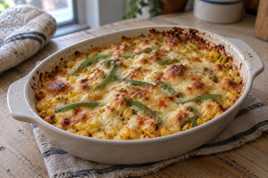 Home-baked Korean corn cheese in the same cream dish before finishing