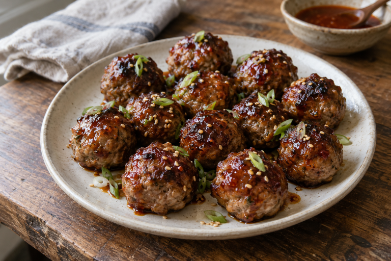 Oven-baked pear gochujang glazed meatballs with sesame and scallion