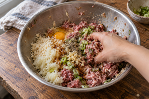 Beef and pork meatball mixture with grated pear and onion