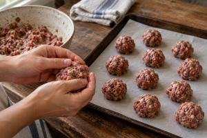 Irregular hand-shaped meatballs on a parchment-lined baking sheet
