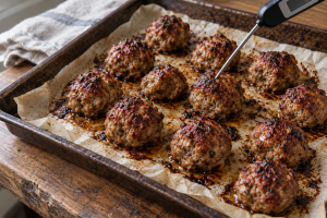 Browned oven-baked meatballs checked with a thermometer