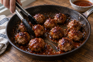 Baked meatballs lightly coated in pear gochujang glaze