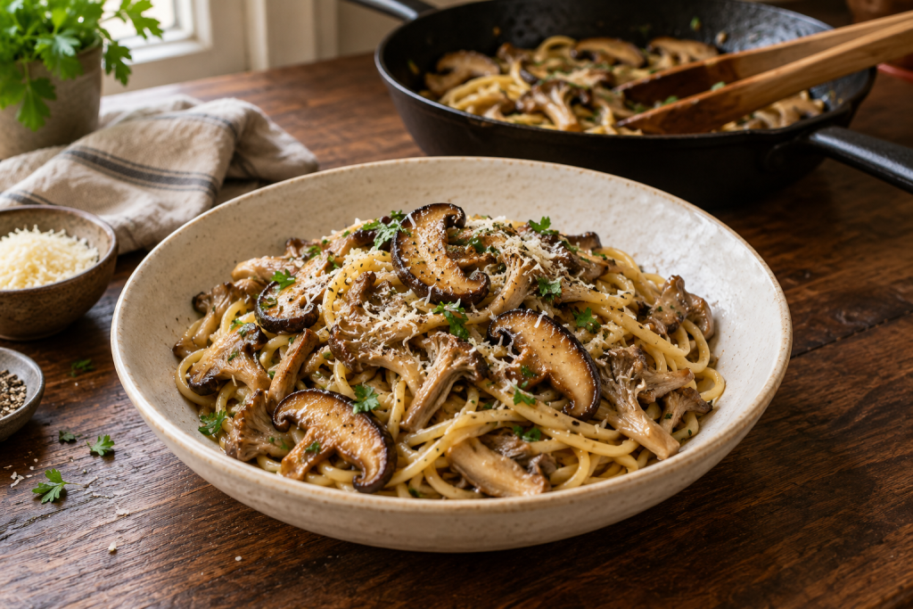 Shiitake mushroom pasta with browned shiitake and oyster mushrooms