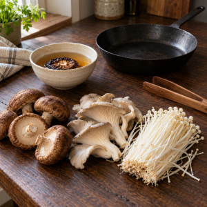 Fresh mushrooms beside a dried shiitake soaking in warm water